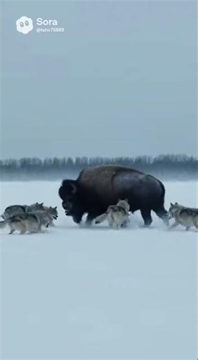 Wolf Pack Overpowering a Bison