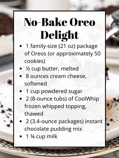 No Bake Oreo Delight 🍪🍫 This easy no bake dessert is made with simple ingredients and creamy Oreo layers. Cool, rich, and family friendly, it is perfect for make ahead treats and gatherings. Ingredients: 1 family-size (21 oz) package of Oreos 8 ounces cream cheese, softened 2 (3.4-ounce packages) instant chocolate pudding mix 1 ¾ cup milk Recipe in the Coʍʍеոτ 👇 | Recipes by banana