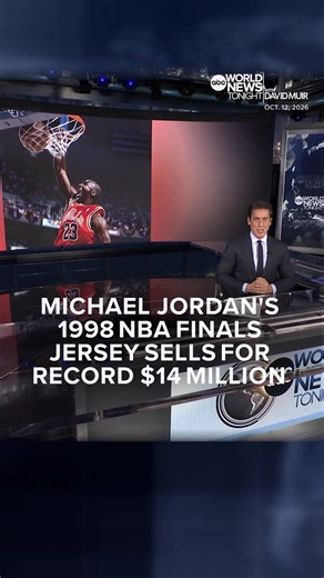A game-worn, autographed #MichaelJordan jersey from the 1998 #NBA Finals sold for a record $14 million, second behind Babe Ruth's 1932 World Series jersey. #DavidMuir reports. #worldnewstonight #basketball
