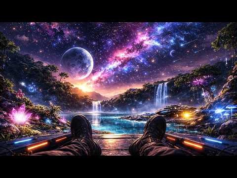 POV Alien Planet Waterfall & Galaxy Sky | Relaxing Space Sounds, Water Ambience & Siren Song