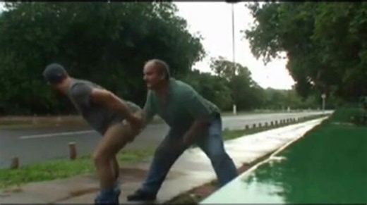 Hot guys take turns banging each other in public near a road