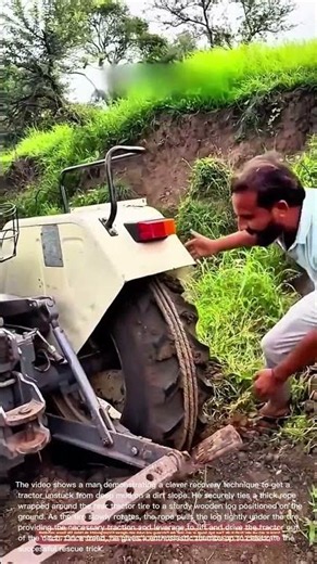Clever Tractor Self-Rescue Trick: Man Uses Rope and Log to Extricate Stuck Wheel