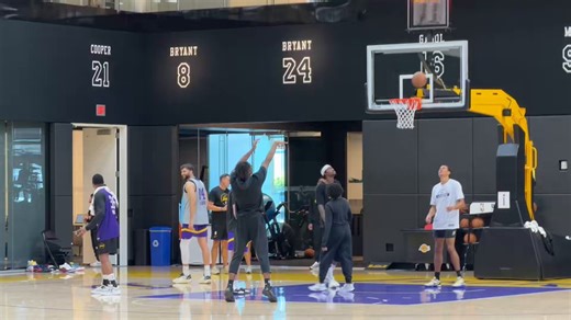 Lakers participating in a free throw contest at the end of practice on Tuesday. Austin Reaves (strained oblique) in slides misses 3 FTs. Game 1 vs. the Houston Rockets is Saturday at 5:30PM