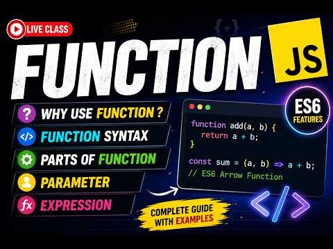 FUNCTION | WHY USE | FUNCTION SYNTAX | PARTS OF FUNCTION | PARAMETER | EXPRESSION | ES6