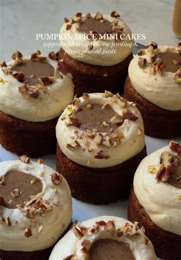 Pumpkin Spice Mini Cakes with Cream Cheese Frosting and Pecan Praliné / I used my NIIMBOT B21 Pro to print these cute labels for my boxes, making everything look so much more organized. You can use my promo code ANGIESB21, the link is in my bio! 🧡 Ingredients: For the Pecan Praline - 80g pecans, toasted and chopped up (3/4 cup) - 50g granulated sugar (1/4 cup) - 25g water (2 tablespoons) For the Mini Cakes: - 4 large eggs - 200g light brown sugar (3/4 cup 2 tablespoons) - 100g granulated sugar 