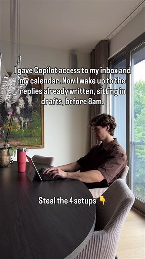 Copilot already sits inside your mail and calendar, so there's nothing to connect. Run each of these once in Copilot chat, then hover over it in your history and pick Schedule this prompt. 1| The inbox triage Read everything that arrived in the last 12 hours. Sort it into needs me, needs a reply I can approve, and noise. For the second group write the reply in my voice and leave it as a draft. Never send. 2| The receipt pile Open my receipts folder, read the new files, and pull date, supplier, a