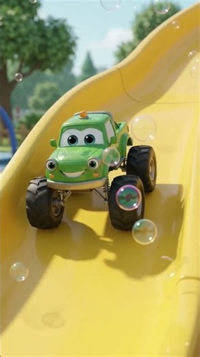 Little Green Truck's Giant Slide Adventure! Funny Monster Truck Cartoon #monstertruck #minitrucker