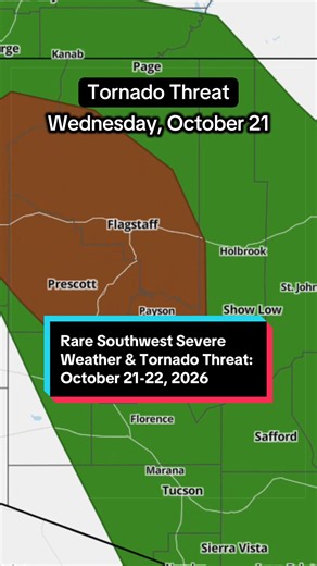 10-20-26: 🚨 A RARE setup will produce an unusually high severe weather and tornado threat across the Southwest US, October 21-22, 2026. In fact, such a risk level has NEVER been issued for the state of Arizona at Day 2! 🚨 #meteorologist #severeweather #tornado #arizona #socal