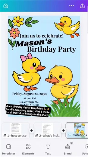 Duck Birthday Digital Templates — Bundle, Wrapping Paper, Shirt & Invite | Instant Download