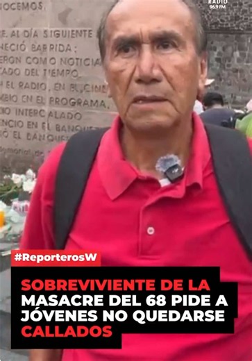 🔴 Severiano Sánchez Gutiérrez, sobreviviente de la matanza estudiantil de 1968 en #Tlatelolco, recuerda aquella jornada y asegura que el 68 dejó una enseñanza para las nuevas generaciones, no quedarse calladas, levantar la voz, criticar y defender el derecho a manifestarse. 📹: Octavio García vía #ReporterosW 🎧 http://wradio.com.mx