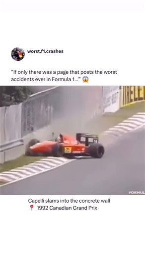 Worst Formula 1 Crashes on Instagram: "His helmet nearly collided with the wall 🥶👇 On lap 18 of the 1992 Canadian Grand Prix, Ivan Capelli’s Ferrari, running in tenth place, slammed into the concrete wall at the exit of turn 4! A frightening accident in which the force of the high speed crash had meant Capelli’s helmet had nearly collided with the wall. Luckily, he exited his car unscathed, although the incident would further hamper his already deteriorating relationship with Ferrari. Follow f