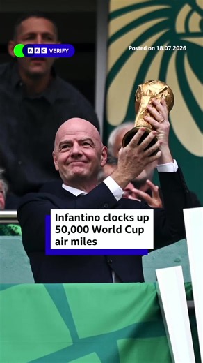 Fifa President Gianni Infantino attended 41 matches, and the private jet he’s thought to have used has made 46 flights across North America. #WorldCup #PrivateJet #GianniInfantino #AirMiles #BBCNews
