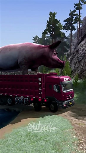 Heavy red truck transporting massive pig on off-road journey #niutruck #snowrunner