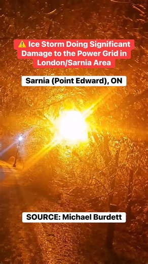 A power line explodes in Point Edward from the weight of the intense ice accretion that has been left in the wake of today’s ice storm. Credit: Michael Burdett | Ontario Storm Watch