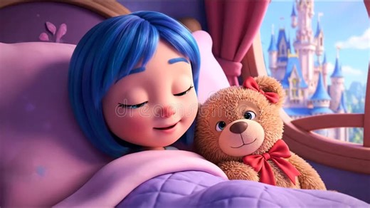 Peaceful Cartoon Girl and Her Teddy Bear Sleeping Soundly in a Cozy Bed, Celebrating World Sleep Day with Sweet Dreams and Comfort Stock Footage - Video of relaxation, sleep: 453514332