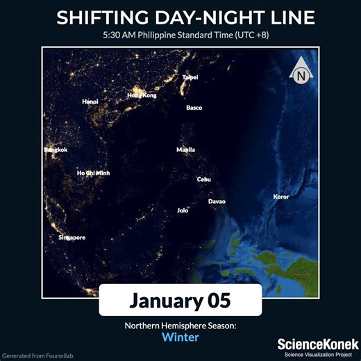ScienceKonek on X: "𝗧𝗛𝗘 𝗠𝗢𝗩𝗜𝗡𝗚 𝗗𝗔𝗬-𝗡𝗜𝗚𝗛𝗧 𝗕𝗢𝗨𝗡𝗗𝗔𝗥𝗬 ☀️🌙 What can you notice? Even though the Philippines operates in a single time zone, sunrise varies significantly across the archipelago due to its vast east-to-west stretch. To illustrate this, here's an animation showing the shifting day-night boundary at 5:30 AM throughout the year. Notice how, around the December Solstice, it's already daylight in parts of Mindanao while Luzon remains in darkness, and the opposite ha