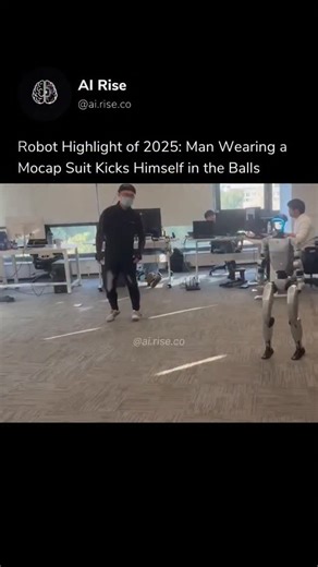 AI Rise on Instagram: "A Unitree G1 humanoid robot demonstration went viral after a trainer wearing a motion-capture suit tried martial arts moves and accidentally kicked himself in the groin, because the robot mirrored his motion with a slight delay. The clip, originally shared on Bilibili and reposted widely on X and other platforms, shows how teleoperated systems can hilariously backfire when real-world physics meet live robot mirroring. While some viewers saw it as slapstick comedy, the inci