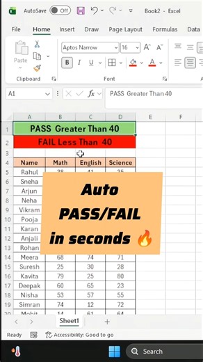 Pass or Fail? Let Excel decide instantly 🔥#ExcelTips #ConditionalFormatting