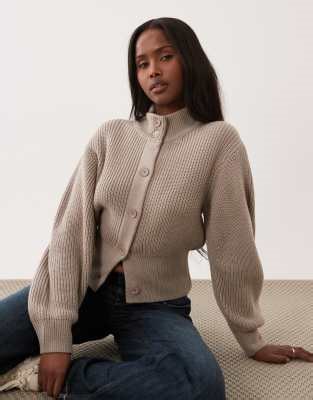 ASOS DESIGN knitted funnel neck cardigan in stone | ASOS