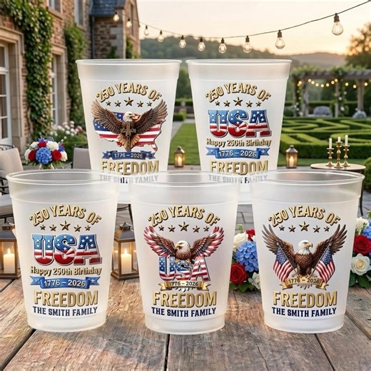 Custom 250th Anniversary Plastic Cups, Personalized 4th of July Party Cups, USA Freedom Family Name Cups, Independence Day Party Decor - Etsy
