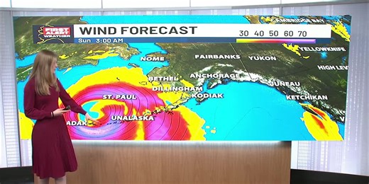 Hurricane force winds ramp up along the Aleutian Chain as a storm heads to inland Alaska