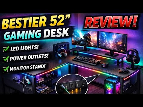 Bestier 52 Gaming Desk Full Setup | Corner L Gaming Shaped Desk with LED Lights & Power Outlet