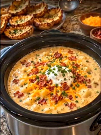 🥔🧀 CROCK POT POTATO SOUP ❤️ Tender potatoes slow-cooked in a rich, velvety broth with garlic, cream, and melted cheddar cheese. Warm, cheesy, and pure comfort food in every spoonful! 😍 Full recipe is on my page, right under my profile picture ⬆️
