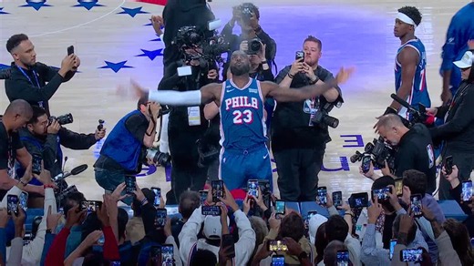 LeBron Tosses Up The Chalk As He Takes The Floor For His 76ers Home Debut