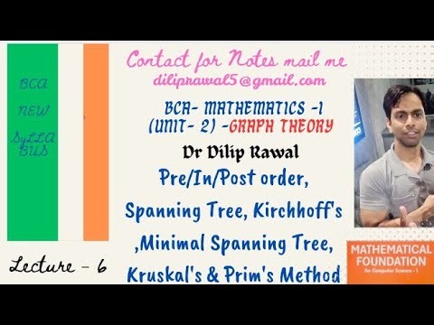 Unit-3/L-6/Graph th/Pre/In/Post order,Spanning Tree, Kirchhoff's Mtd,Minimal Span, Kruskal's,Prim's