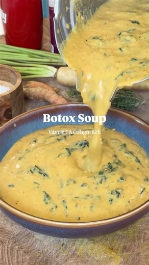 Botox Soup 🍲 Ingredients: 2 yellow peppers, quartered 1/2 head cauliflower, cut in large florets 3 large carrots, roughly chopped 1 medium onion, quartered 1 head garlic, bottom sliced off 2 inch piece of turmeric, peeled Small handful fresh thyme sprigs Extra virgin olive oil Salt & pepper 1 bunch lacinato/tuscan kale 1 cup cottage cheese 20 ounces beef/chicken bone broth Directions: Preheat the oven to 400F convection or 425F bake. Add the peppers, cauliflower, carrots, onion, garlic, turmeri