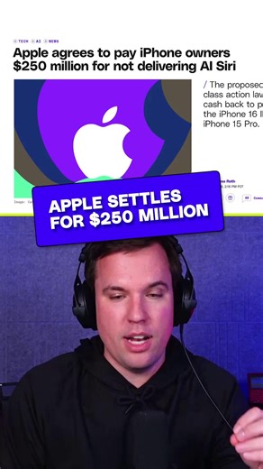 Apple has agreed to pay $250 million to settle a class action lawsuit for not delivering advertised AI Siri features. #vergecast #tech #apple