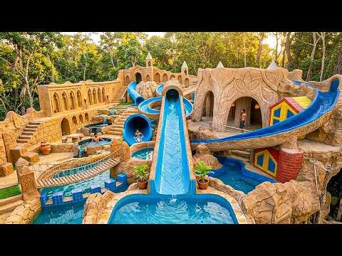 180 Days Building Waterpark Inside a Cliff with Twin Spiral Slides & River Pool Using Primitive Tool