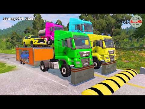 Double Flatbed Trailer Truck vs speed bumps|Busses vs speed bumps|Beamng Drive|1441