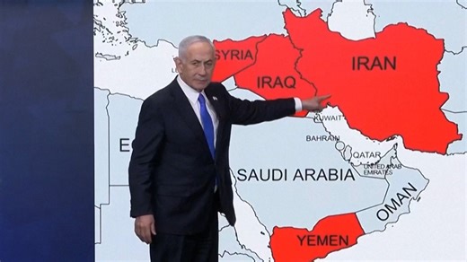 Netanyahu says 'we strangled them... and have more to do' in front of Middle East map