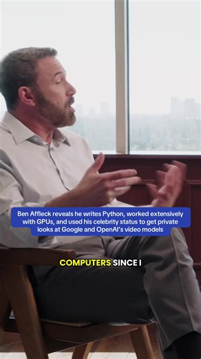 Ben Affleck reveals he writes Python, understands convolutional neural networks, worked extensively with GPUs, and used his celebrity status to get private looks at Google and OpenAI’s video models Via: @One More Question #benaffleck #hollywood #entrepreneur #ai #coding