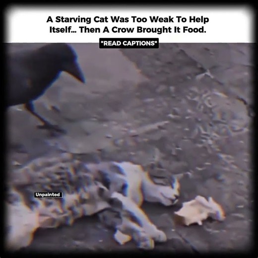 A starving cat was too weak to help itself… then a crow brought it food. 🐦🐱❤️