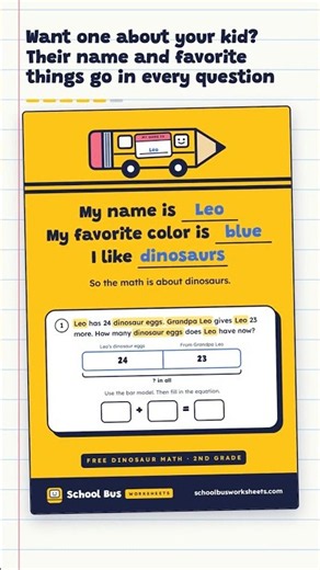 Free Dinosaur Math Worksheet for 2nd Grade | Printable PDF
