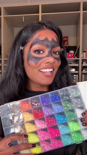 bedazzle my mask with me!! guess how long this took me😅 @M·A·C Cosmetics lipstick in shade velvet teddy #batman #halloweenmakeup #bedazzled #batmanmakeup #bedazzledmakeup