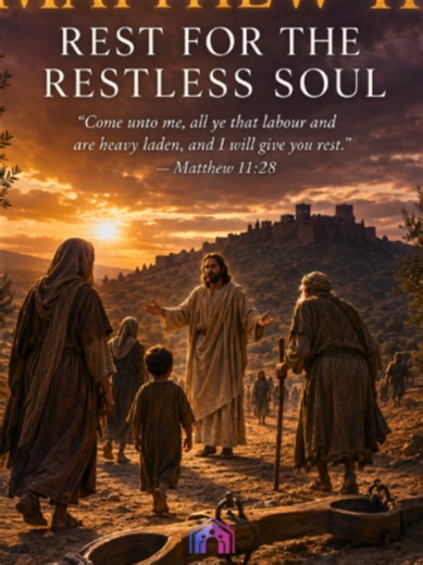 🕊️ MATTHEW 11 — REST FOR THE RESTLESS SOUL 📖 “Come unto me, all ye that labour and are heavy laden, and I will give you rest. Take my yoke upon you, and learn of me; for I am meek and lowly in heart: and ye shall find rest unto your souls.” — Matthew 11:28–29 (KJV) Matthew 11 meets us in the tension between faith and doubt, revelation and rejection, weariness and rest. The chapter begins with John the Baptist in prison—the same prophet who boldly announced the coming Messiah now asking, “Art t