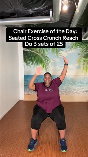 Chair Workout | Seated Cross Crunch Reach 🔥 Hold both hands up in the air and sit tall 🪑 Keep your arms as straight as possible. Bring your right hand down to your left knee, then raise it back up. Bring your left hand down to your right knee, then raise it back up. 👉 Repeat for 24 total reps at your own pace. ✨ Benefits: This low-impact seated exercise helps strengthen your core, improve coordination and balance, engage your arms and shoulders, and increase mobility without stressing your jo