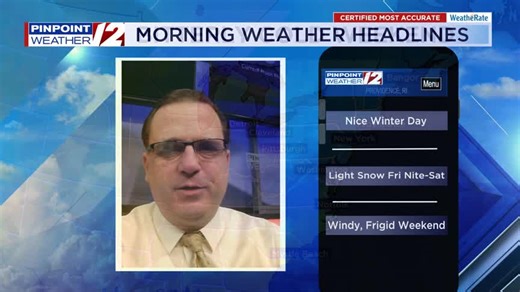 Good morning! Happy Wednesday. Today's weather will continue to be quiet. We have a little snow on the way and some bitterly cold air, too. Here's what we're talking about on 12 News This Morning. | WPRI 12