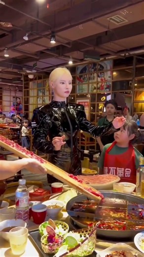 This is actually a Chinese hotpot restaurant owner, that has gone viral for mimicking a robot.