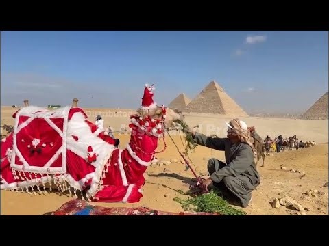 Festive “Santa camel” entertains tourists by the Giza pyramids
