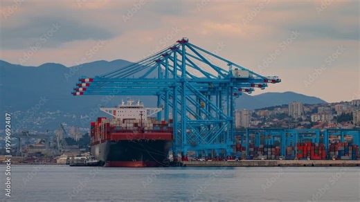 Timelapse of a large container ship berthed by tugboats to a busy cargo port with quay cranes preparing for loading operations. Gantry cranes working in the background with heavy semi-trucks traffic.