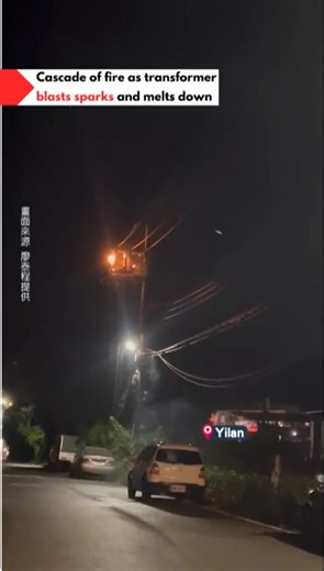 Cascade of fire as transformer blasts sparks and melts down