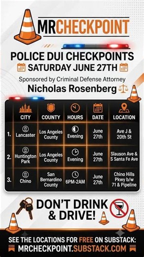 DUI Checkpoints Saturday June 27th 2026