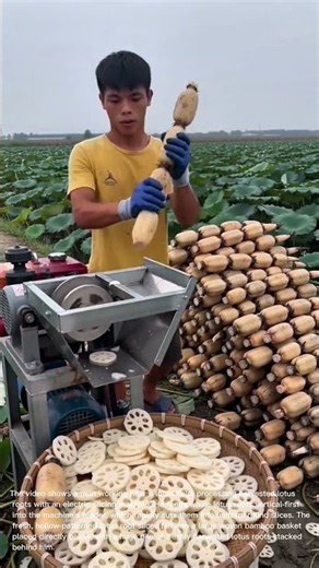 Slicing Lotus Root: Farmer Uses Slicing Machine to Process Fresh Lotus Root