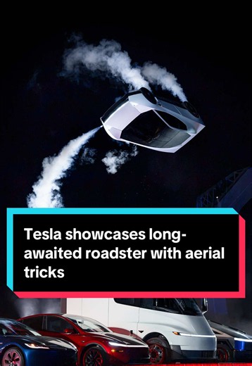 Tesla finally rolled out its long-delayed Roadster sports car — or rather, launched the vehicle into the sky. The automaker late Thursday held a product reveal unlike any other, showcasing a prototype designed in collaboration with SpaceX outfitted with air thrusters that jumped over other cars and flipped in midair. #Tesla #cars #tech #ElonMusk #business