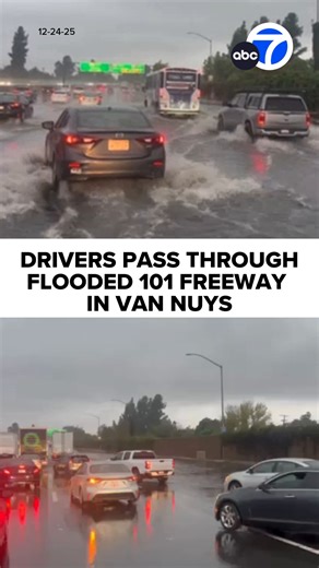 12-24-25 – Flooding on the westbound lanes of the 101 Freeway in Van Nuys caused some delays Wednesday morning as a flash flood warning remained in effect for parts of L.A. and Ventura counties. #weather #losangeles #flooding #abc7la