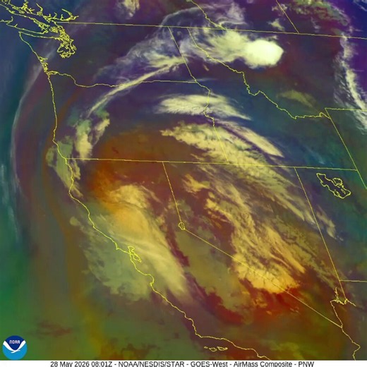 Enhanced color imagery from @NOAA's #GOESWest (#GOES18) 🛰️ is helping us continue to monitor an upper-level low over California and the Great Basin, bringing scattered severe storms and heavy rain across the region. Today, a #SlightRisk of severe thunderstorms exists across parts of the Pacific Northwest, with threats including damaging wind gusts, large hail, and a few possible tornadoes.Latest: